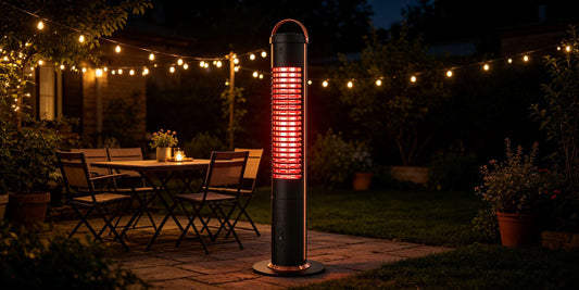 Dwellcozy Outdoor Electric Patio Heater Placed in the Courtyard, It Creates a Warm and Inviting Scene.