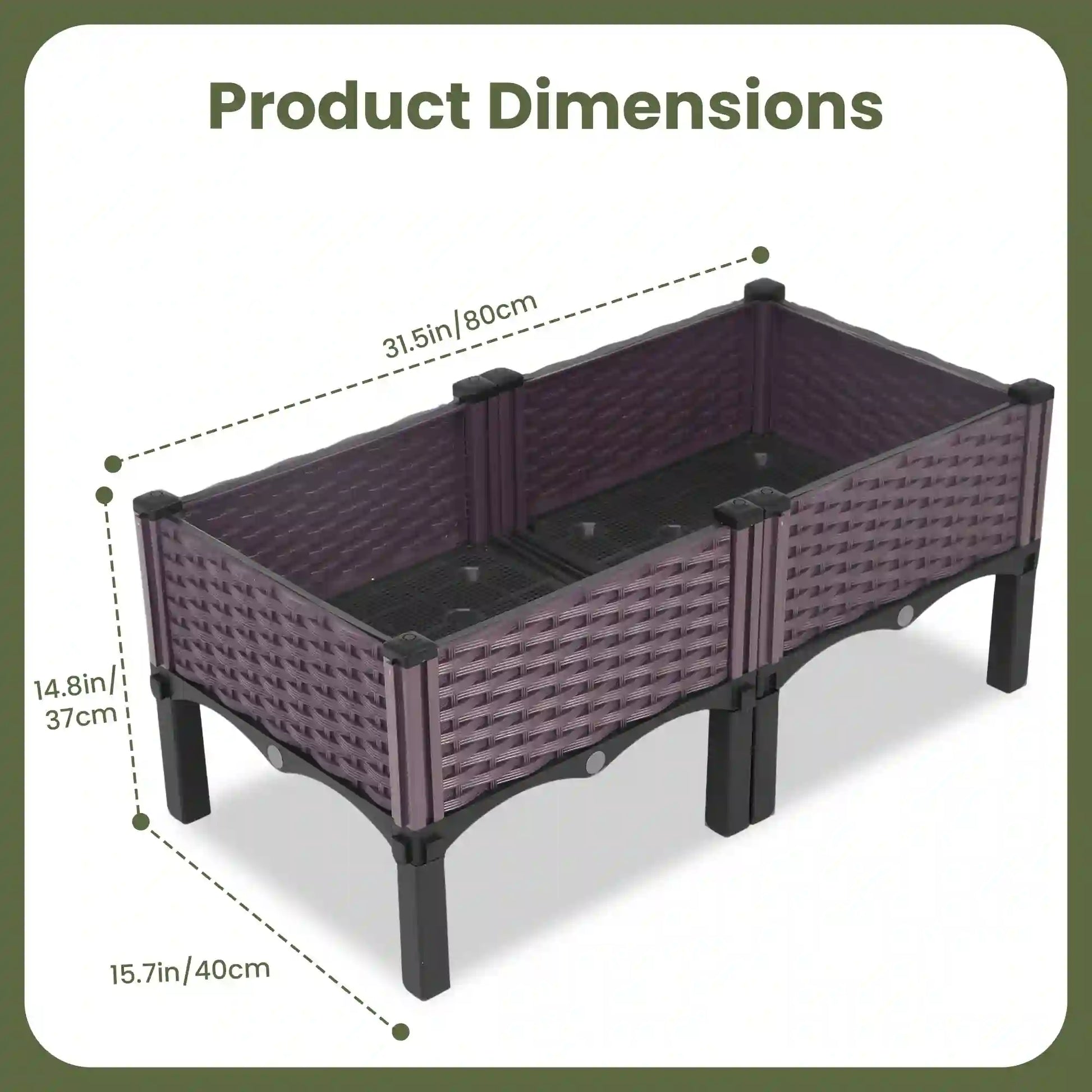 Dwellcozy plastic raised garden bed dimensions of 31.5" L × 14.8" H × 15.7" W.