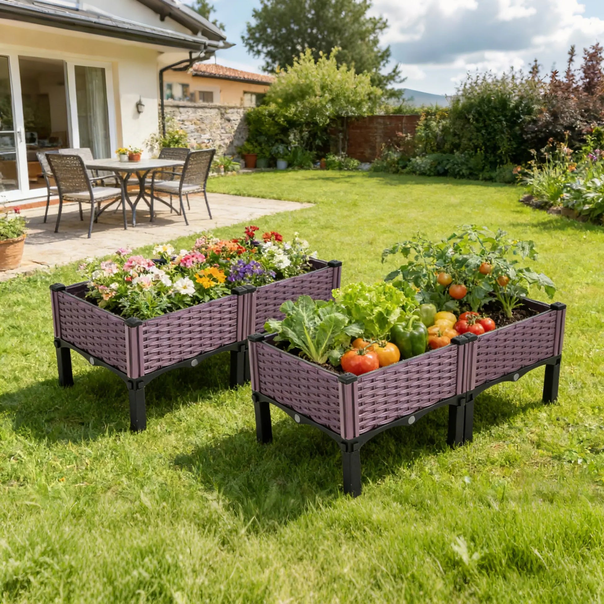 Dwellcozy plastic raised garden bed containing plants and vegetables, set against a house and garden backdrop.