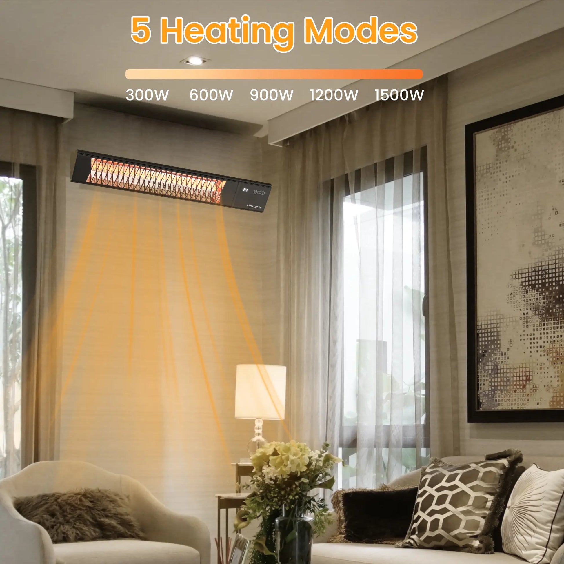 Dwellcozy infrared heater  with 5 heating modes: 300W, 600W, 900W, 1200W, 1500W.