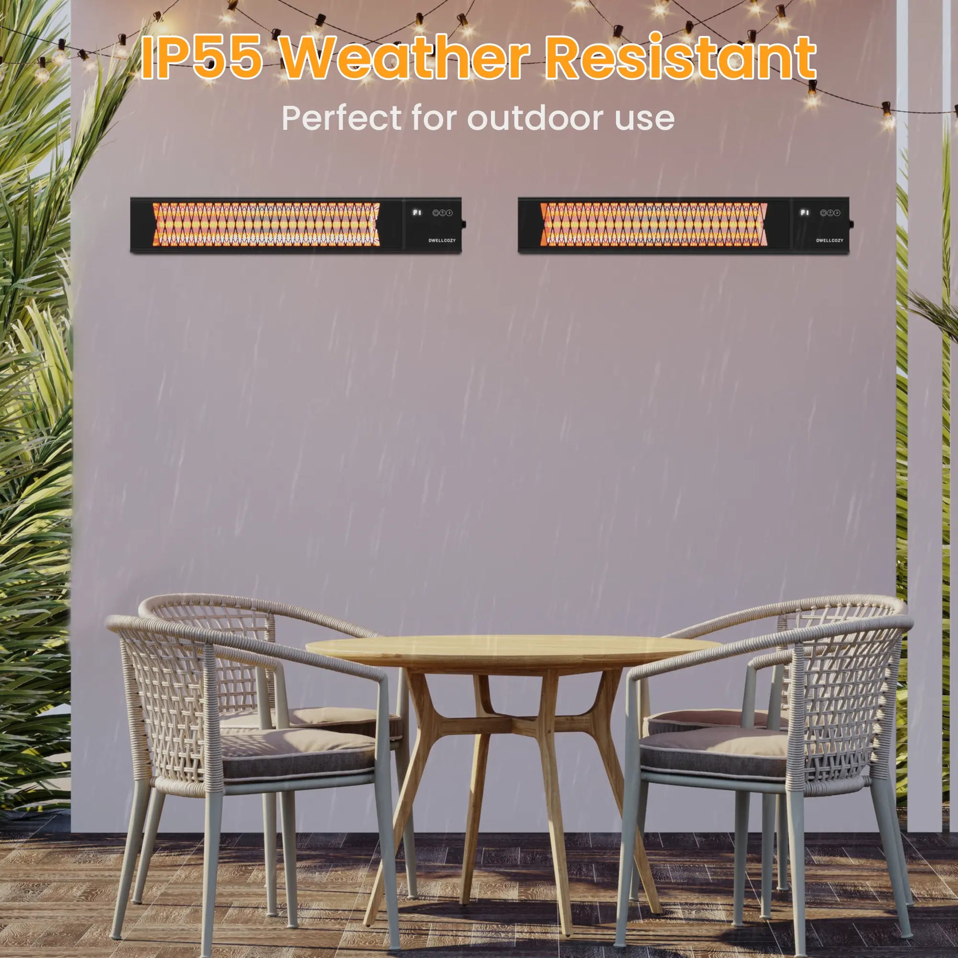 Dwellcozy outdoor patio heater with IP55 Weather Resistant, perfect for outdoor use.