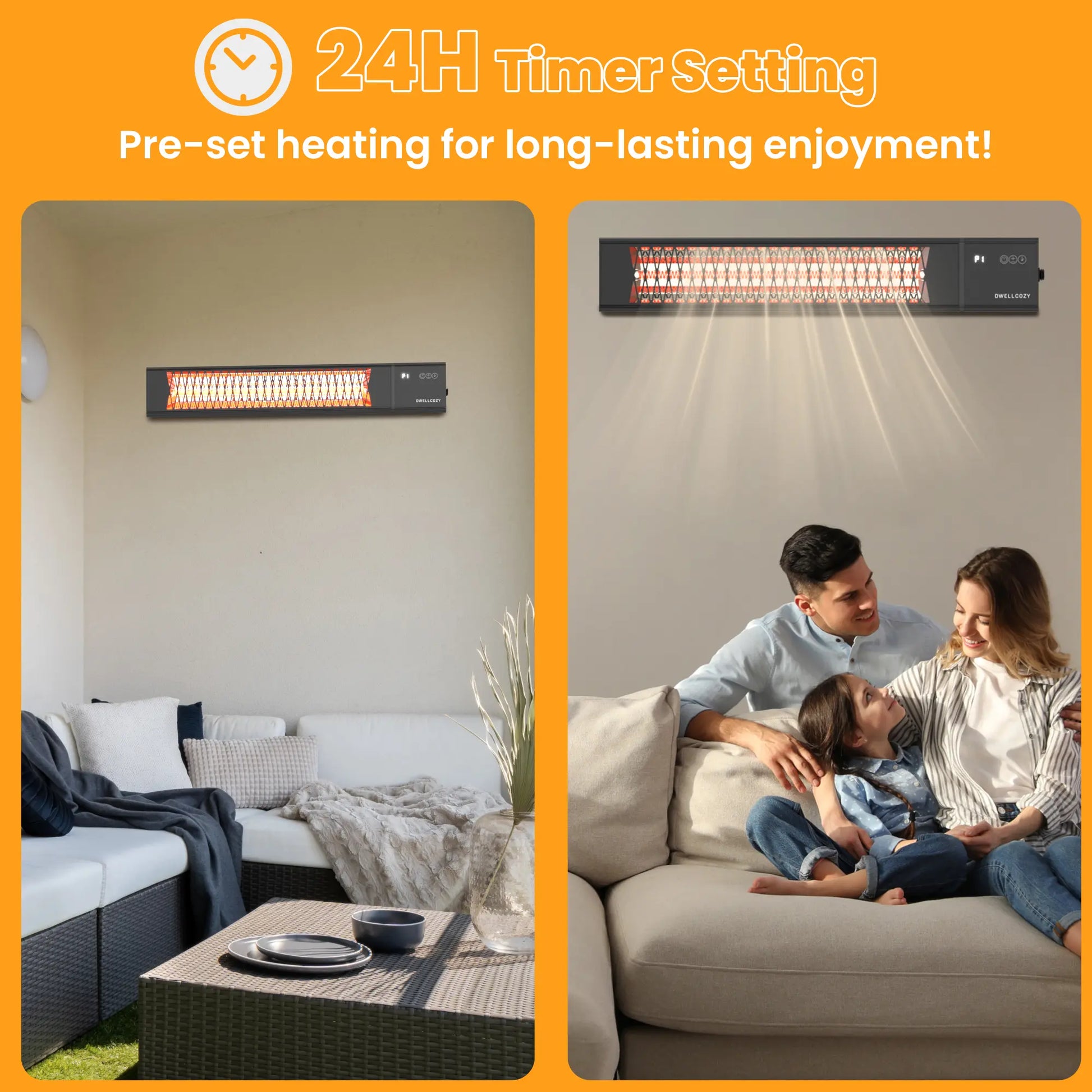 Dwellcozy electric outdoor patio heater has a 24H timer setting, it saves energy, offers peace of mind, and is safer, too.