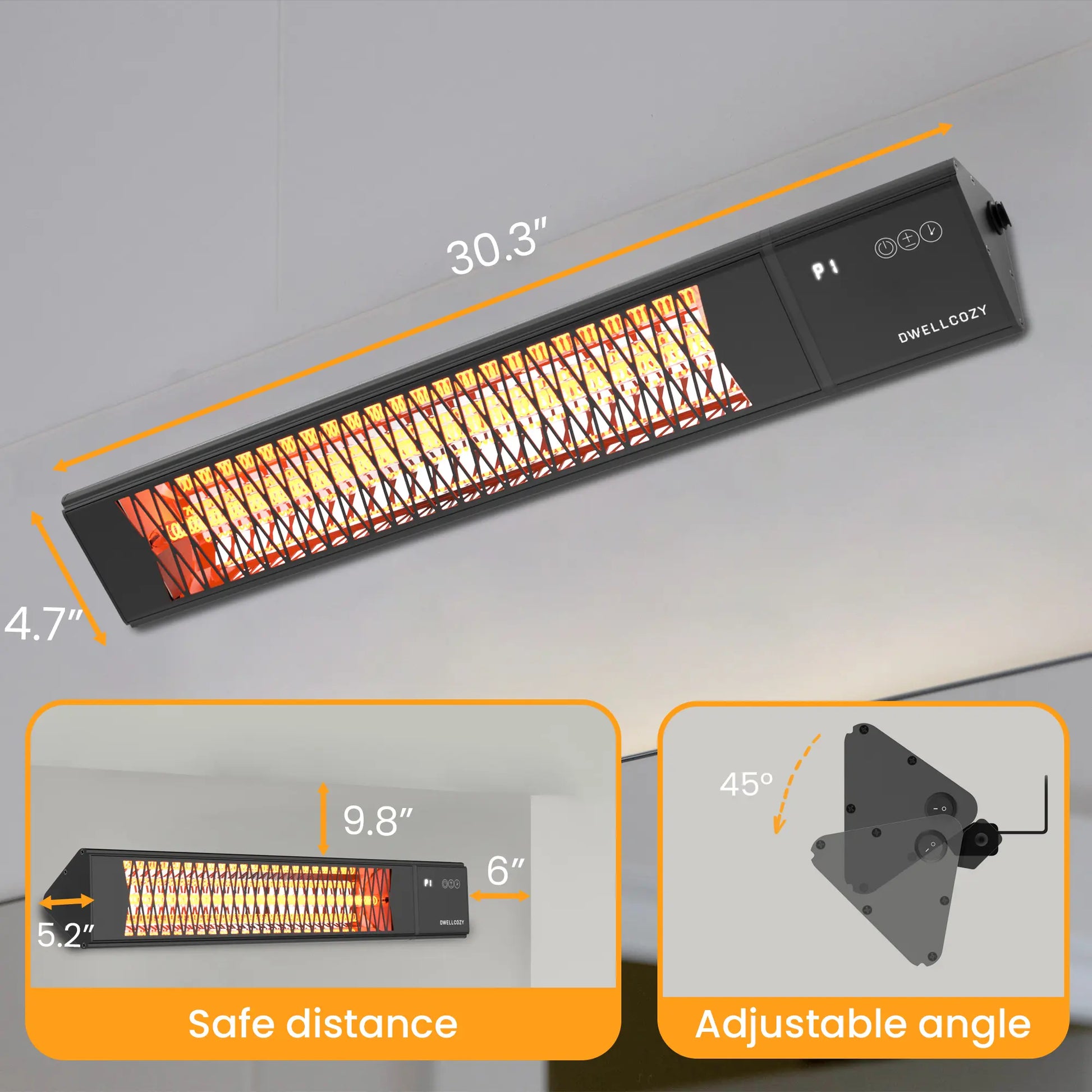 Dwellcozy outdoor heater with dimensions is 30.3" L × 4.7" W.