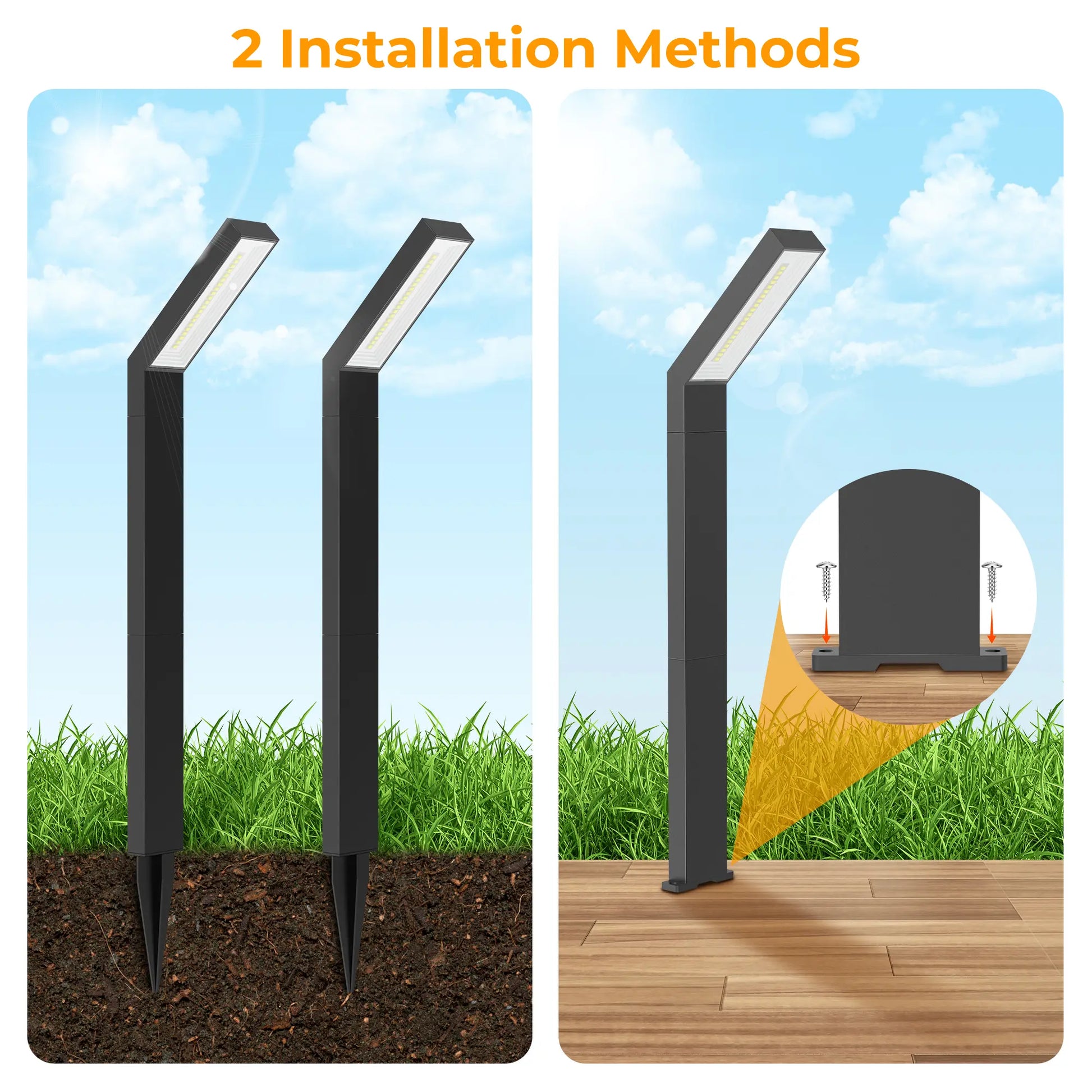 Dwellcozy outdoor landscape lighting has 2 installation methods: ground-Insert and ground-mounted types.