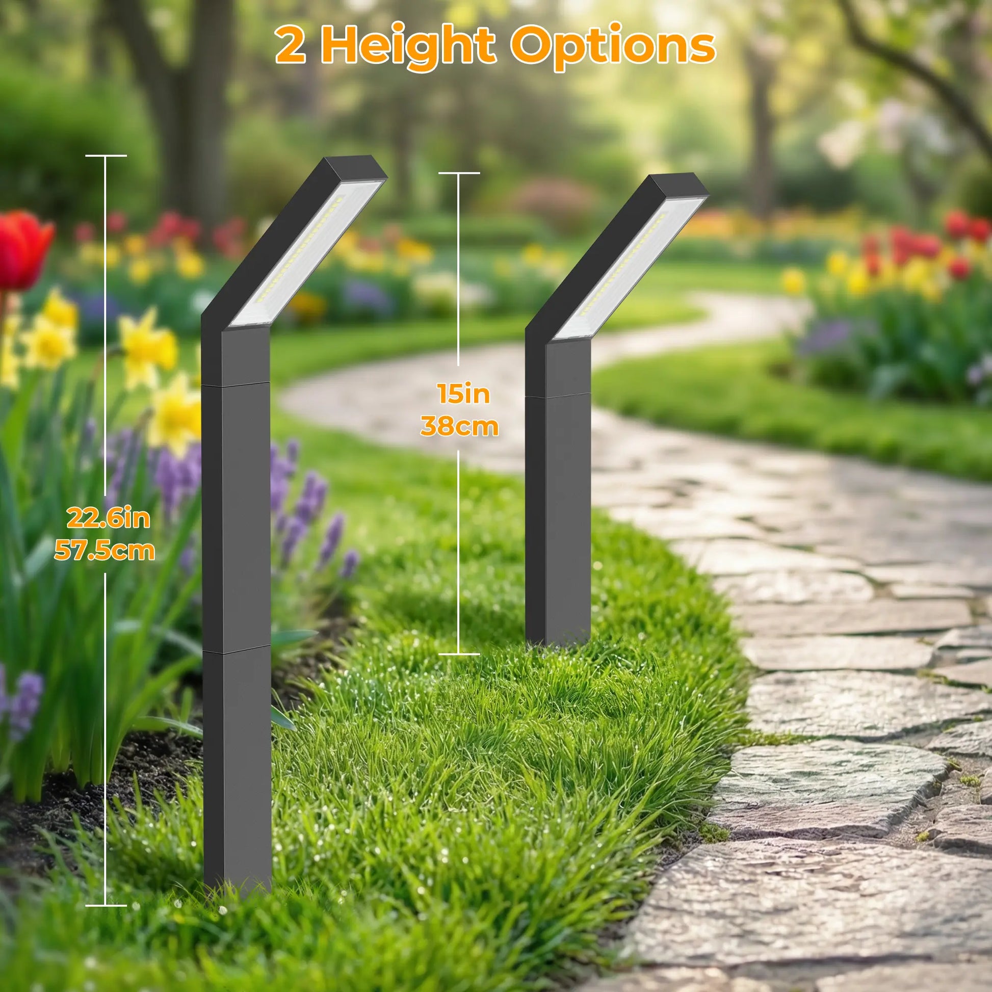 Dwellcozy outdoor landscape lighting has 2 height options: 22.6in and 15in.