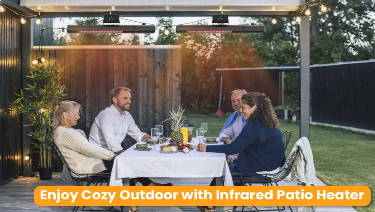 Enjoying a meal outdoors with Dwellcozy infrared patio heater illuminating the area.