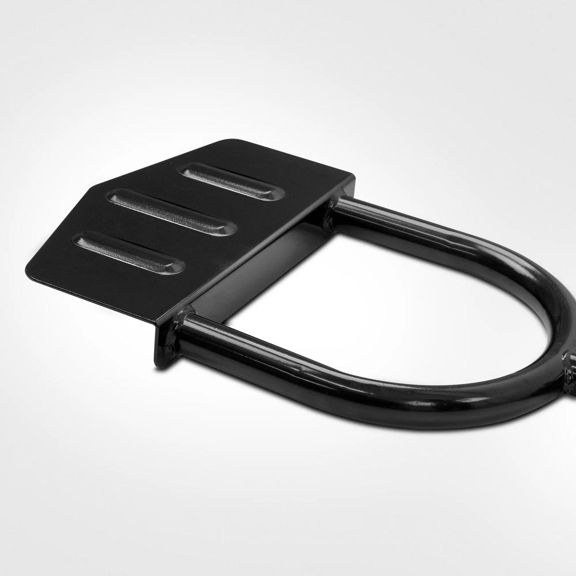 Black U-shaped carabiner on a white background