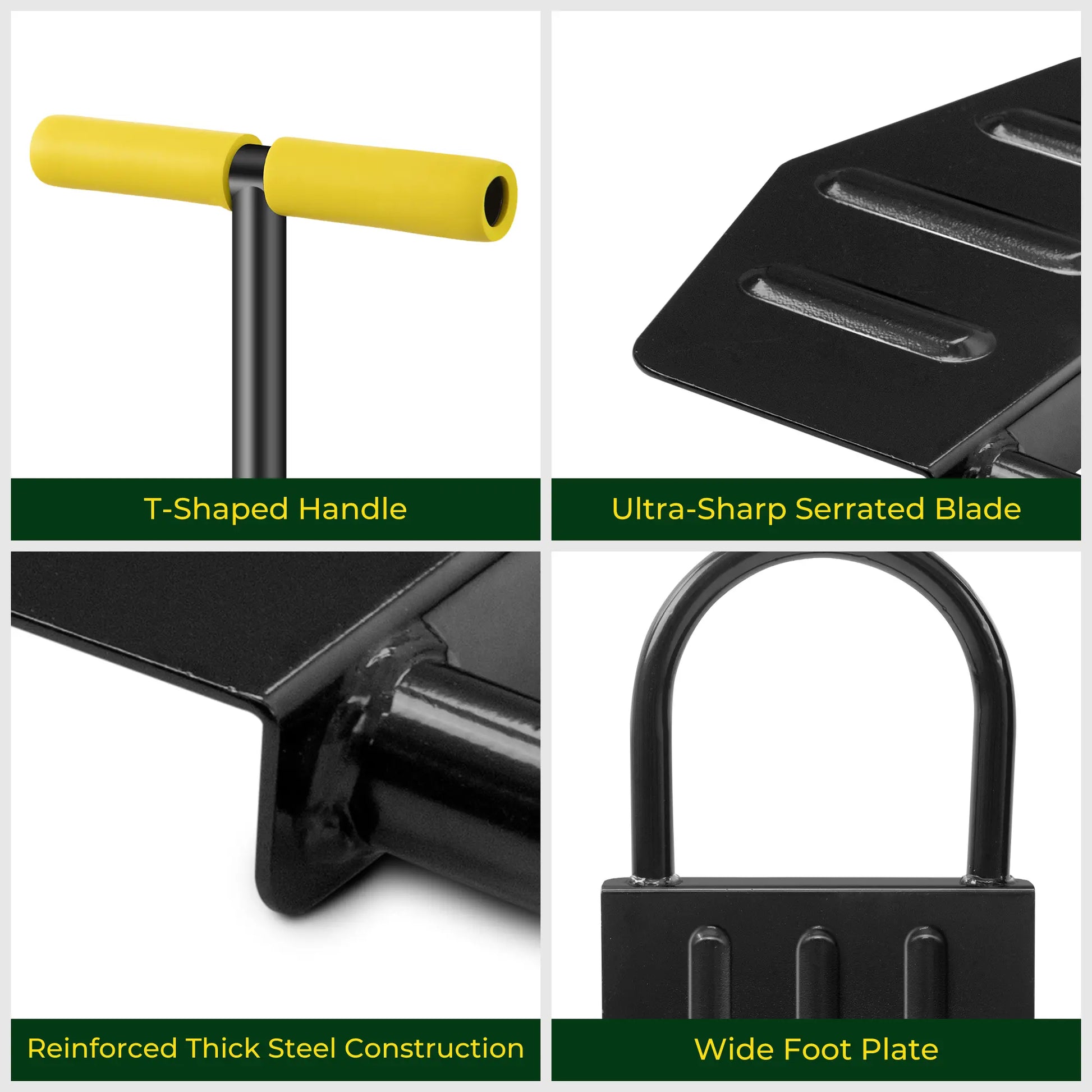 Collage of a tool with features labeled: T-Shaped Handle, Ultra-Sharp Serrated Blade, Reinforced Thick Steel Construction, and Wide Foot Plate.