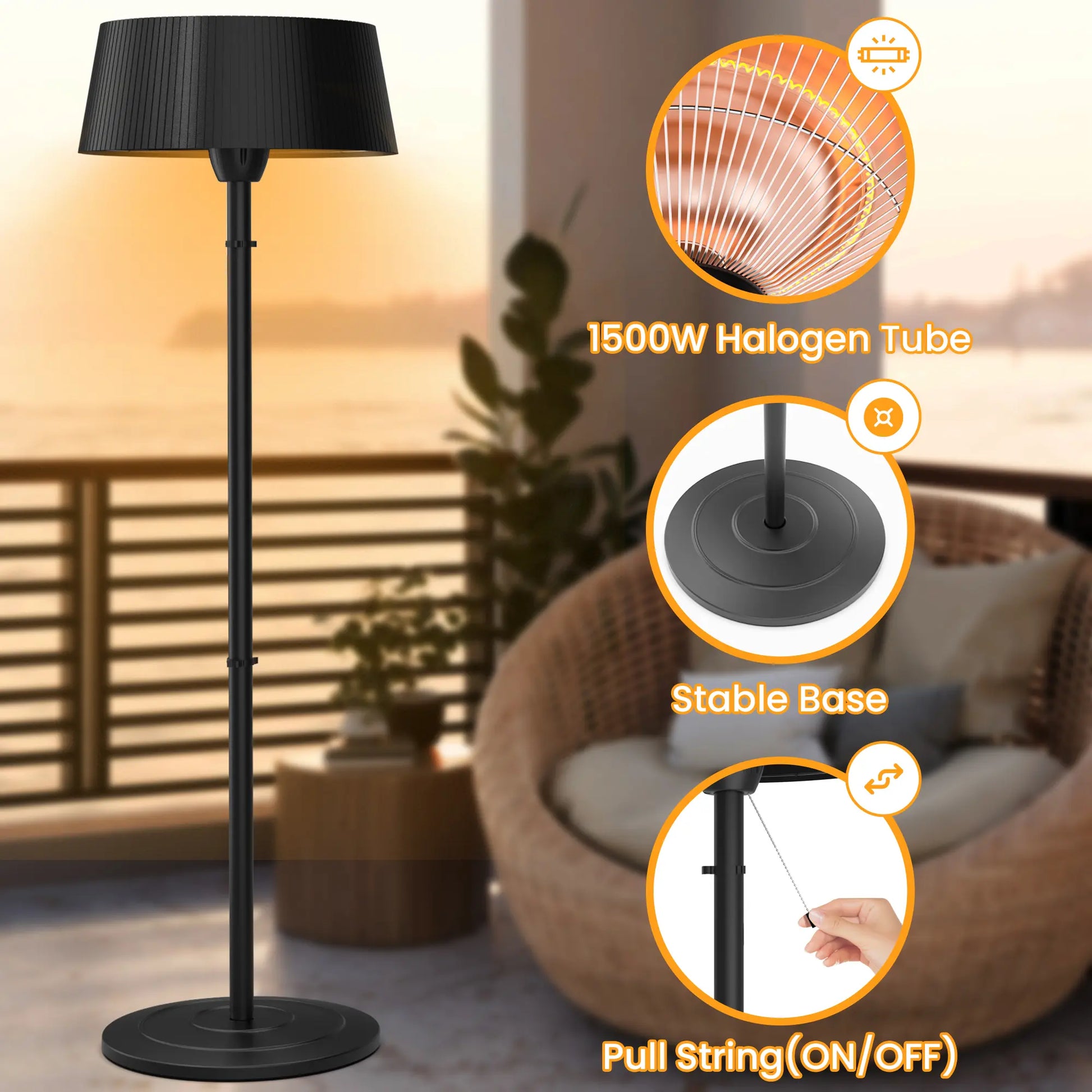 Dwellcozy stand outdoor patio heater has 1500W halogen tube and stable base.