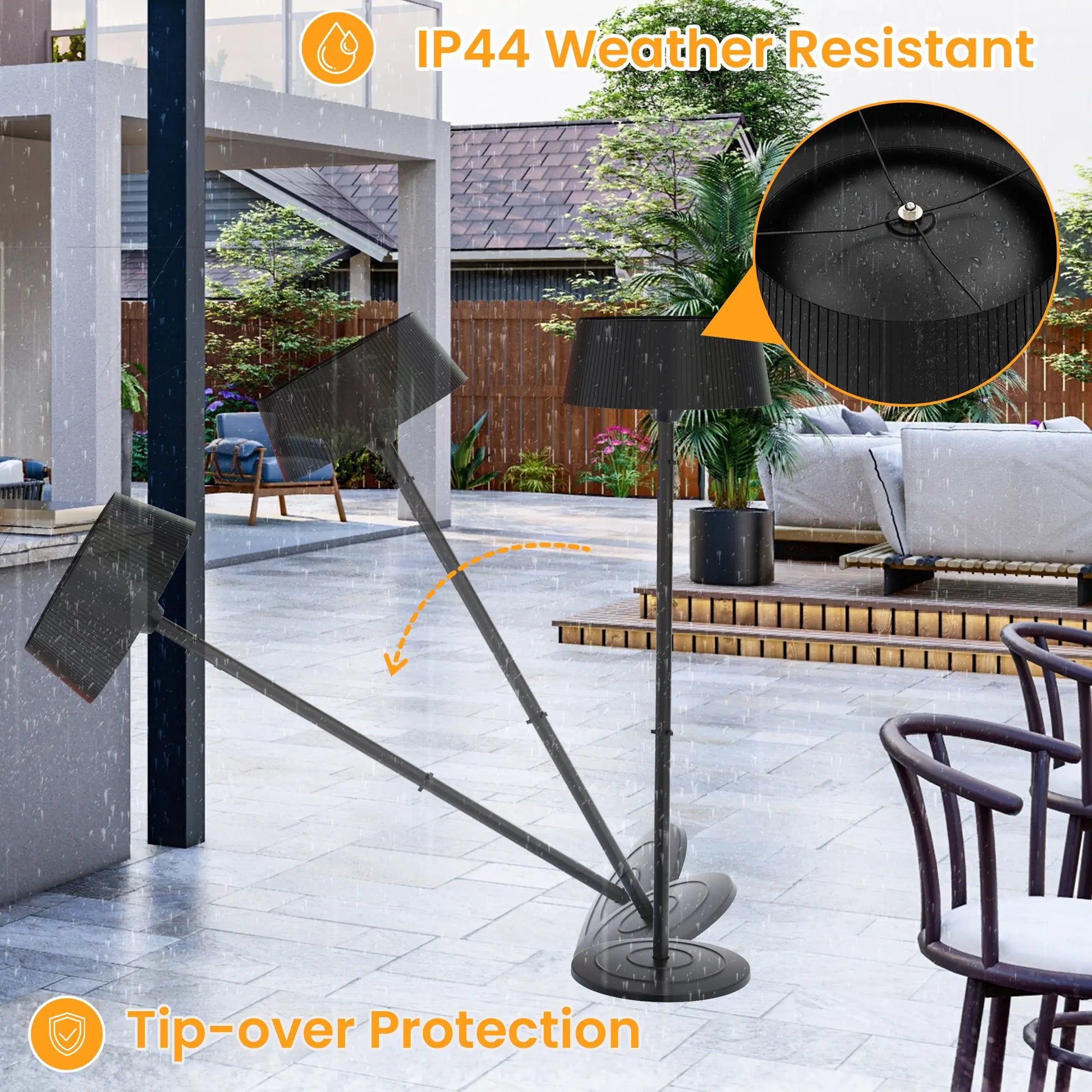 Dwellcozy stand outdoor patio heater with tip-over protection and has  IP44 weather-resistant.