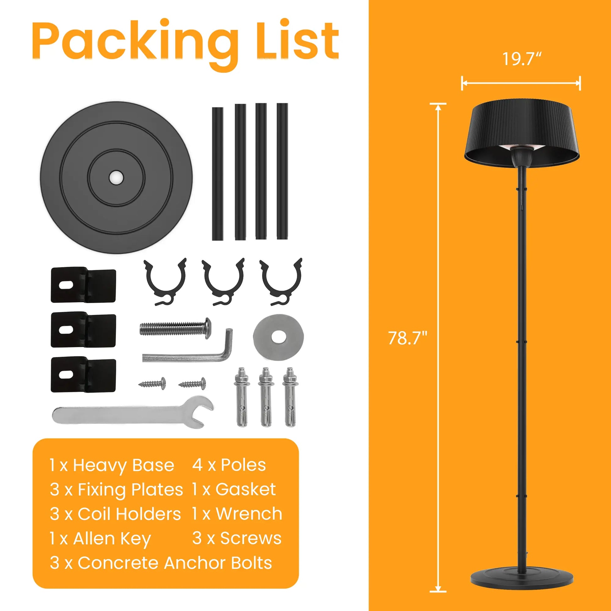 Dwellcozy outdoor heater with dimensions is 78.7" L × 19.7" W.