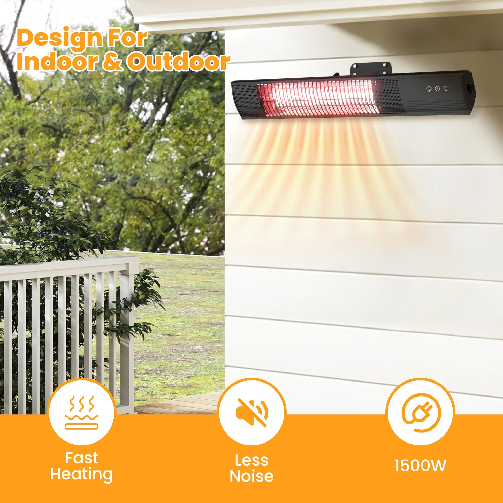 Dwellcozy outdoor patio heater highlighting features like fast heating, less noise, and 1500W power.