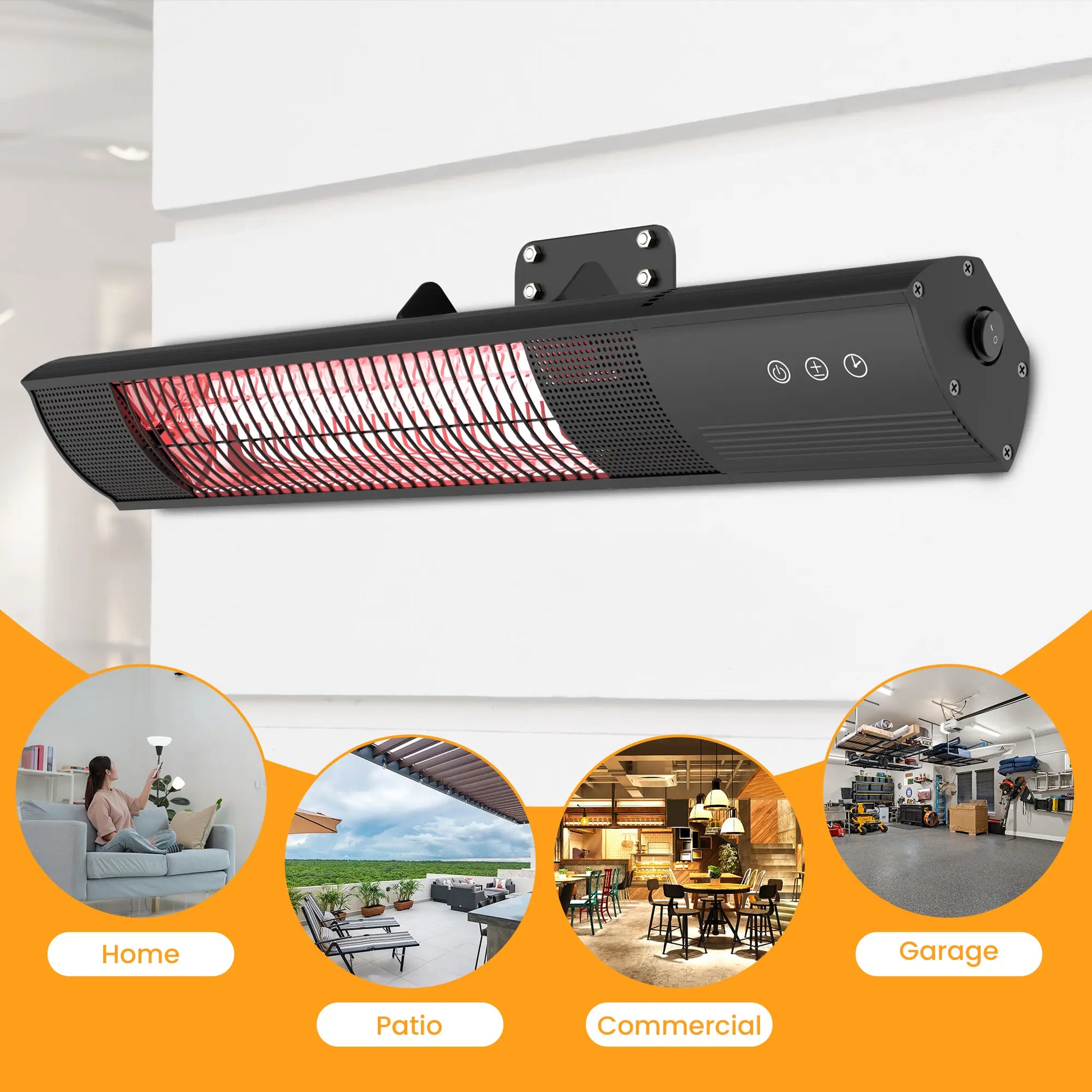 Dwellcozy infrared heater with application areas: home, patio, commercial, and garage.