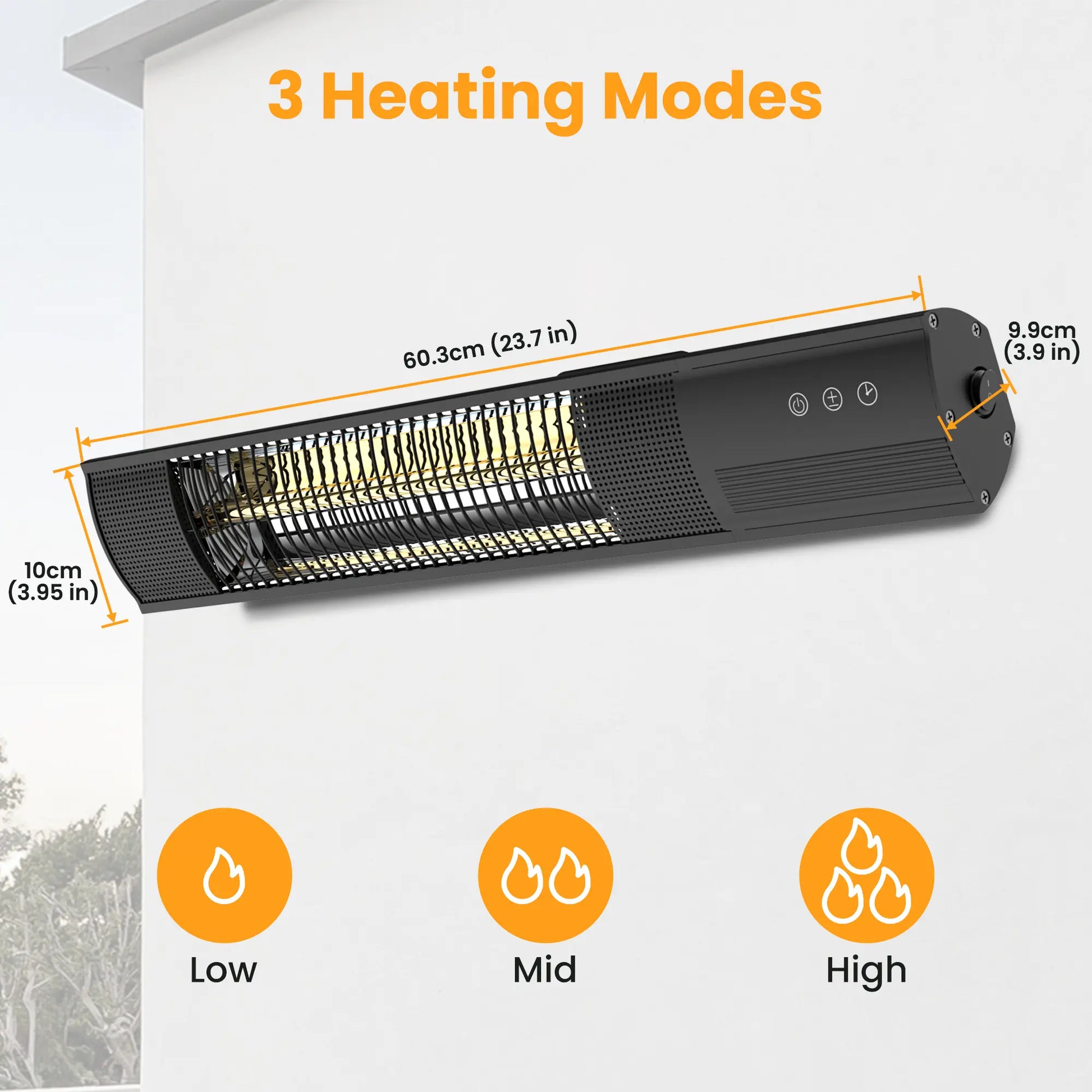 Dwellcozy electric patio heater with 3 heating modes: low, medium, high.