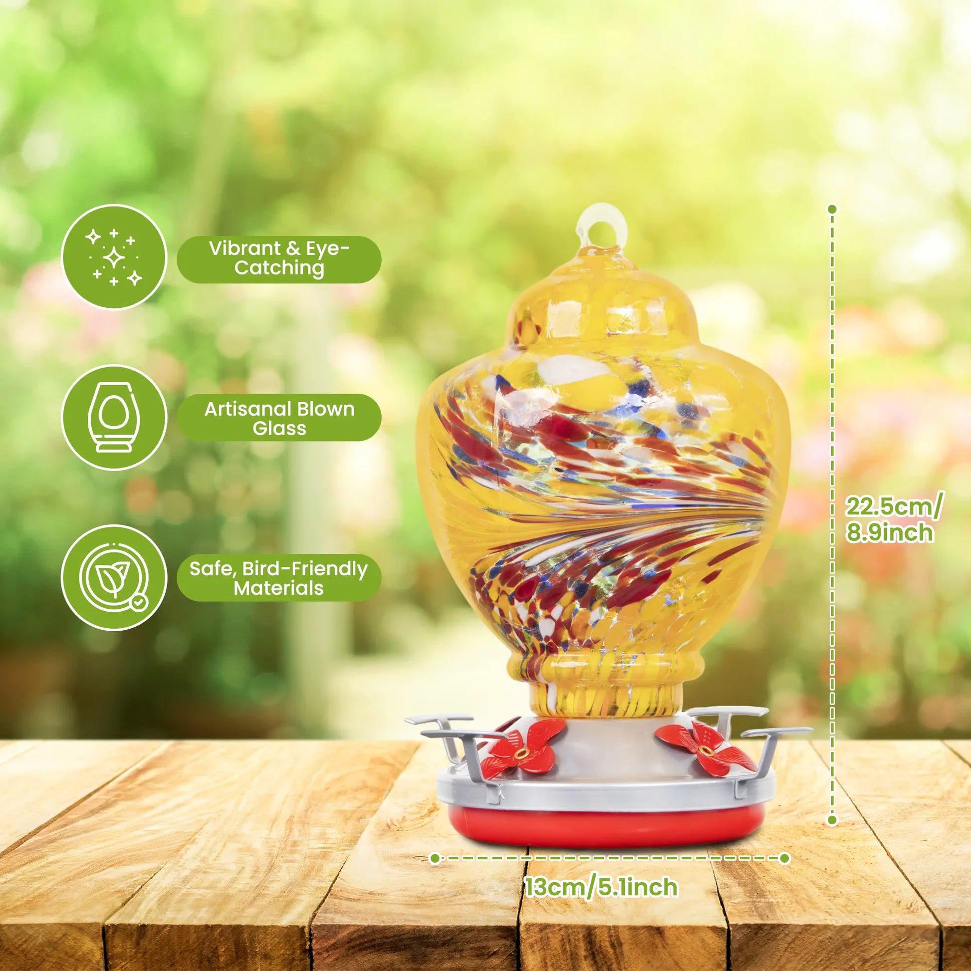 Dwellcozy yellow bird feeder dimensions 8.91" L × 5.1“ W.