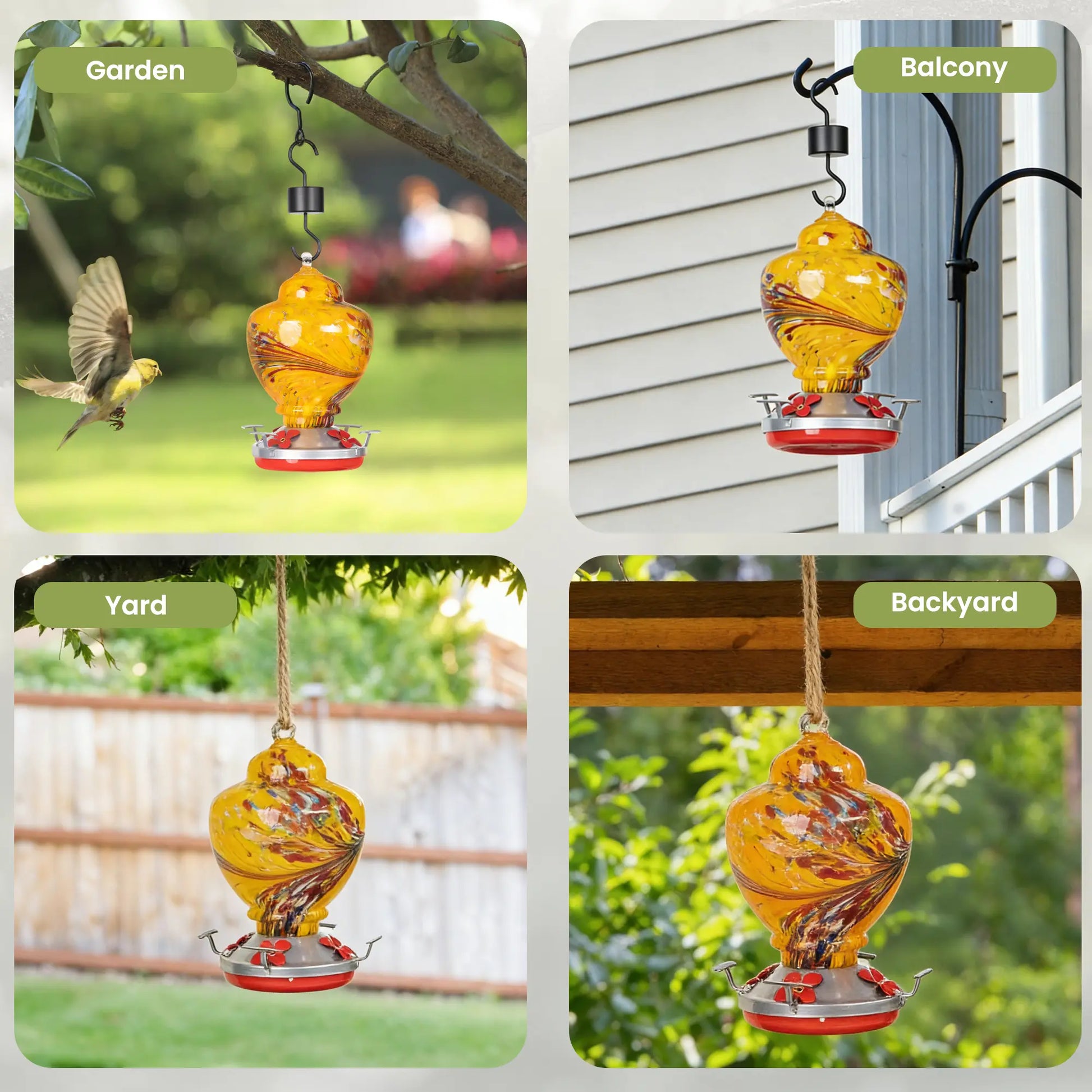 Dwellcozy hummingbird feeders are used in many outdoor settings: garden, balcony, yard, and backyard.