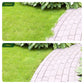 Before and after comparison of a garden path with grass and plants for the Dwellcozy edger lawn tool.