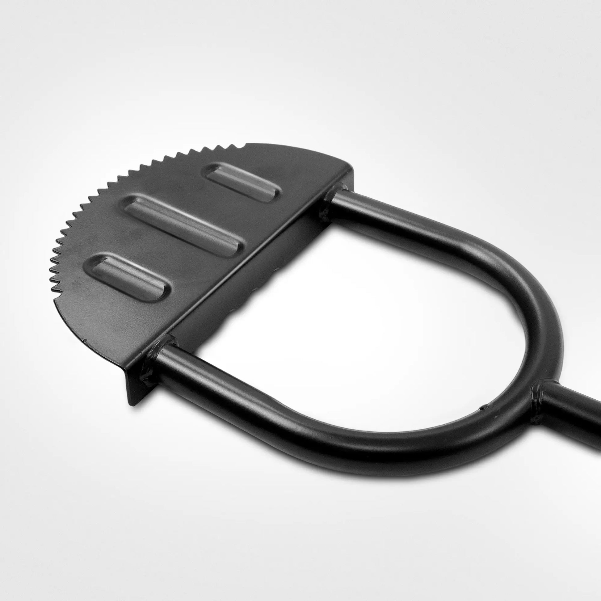 Black metal tool with a unique design on a white background