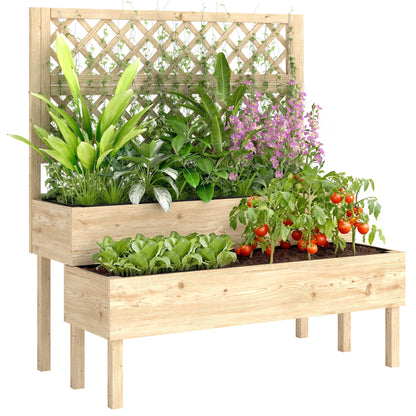Raised Garden Bed 2-Tier Stepped Design Planter Box with Trellis for Climbing Plants