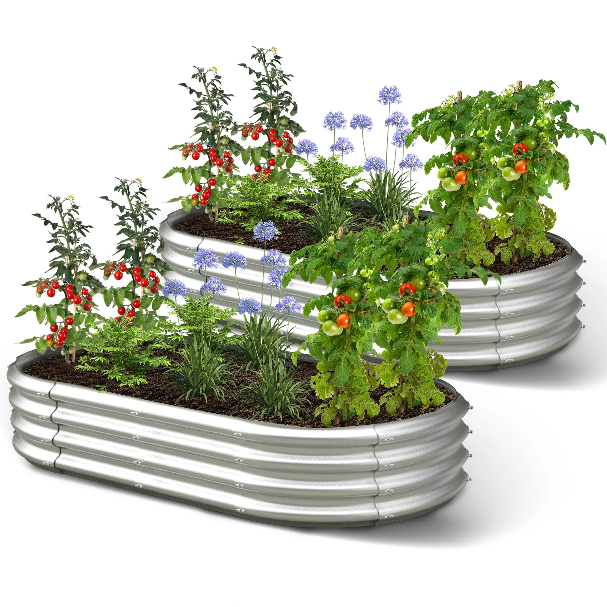 Dwellcozy 2 metal raised garden beds with plants and flowers.