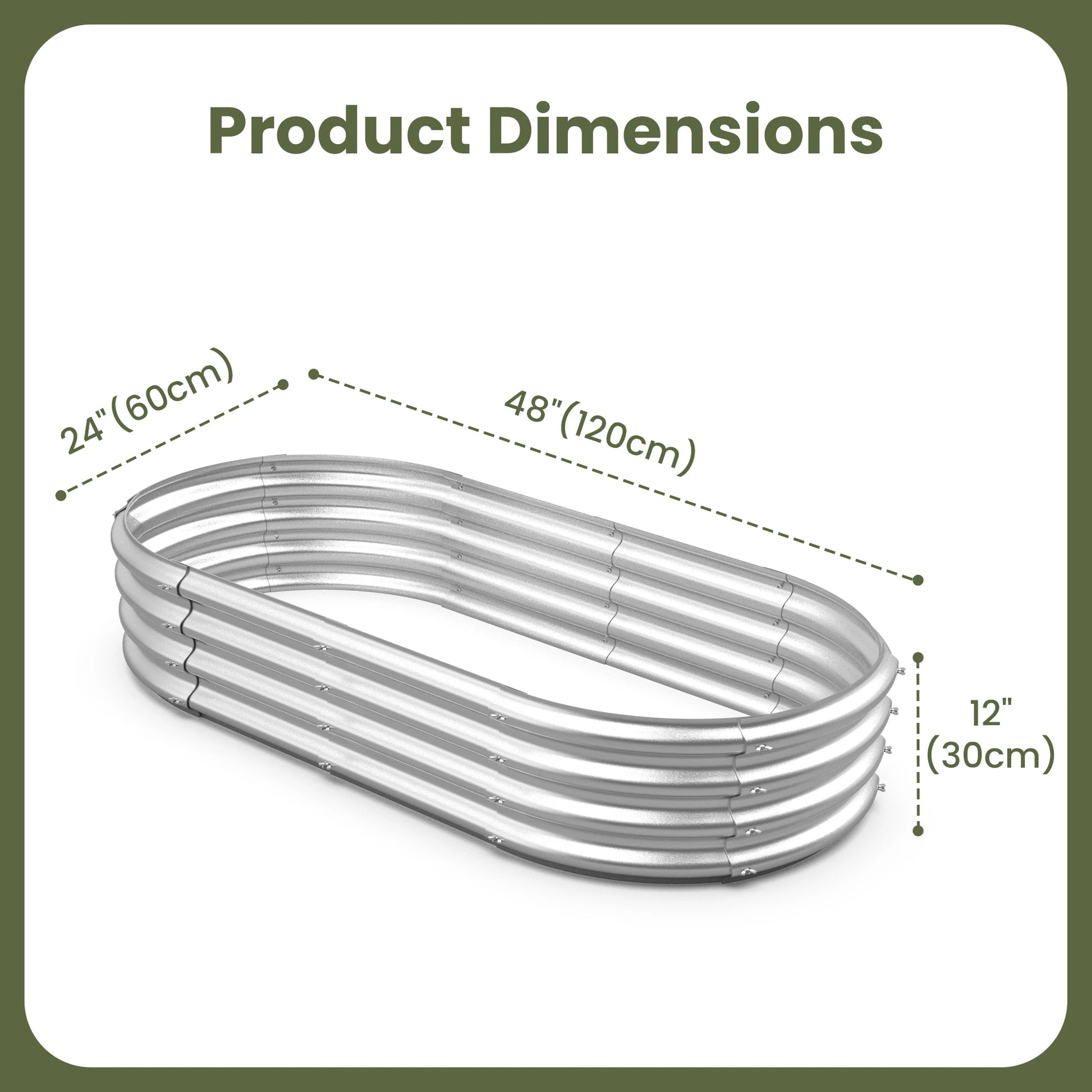 Dwellcozy Metal raised garden bed dimensions of 48" L × 12" H × 24" W.