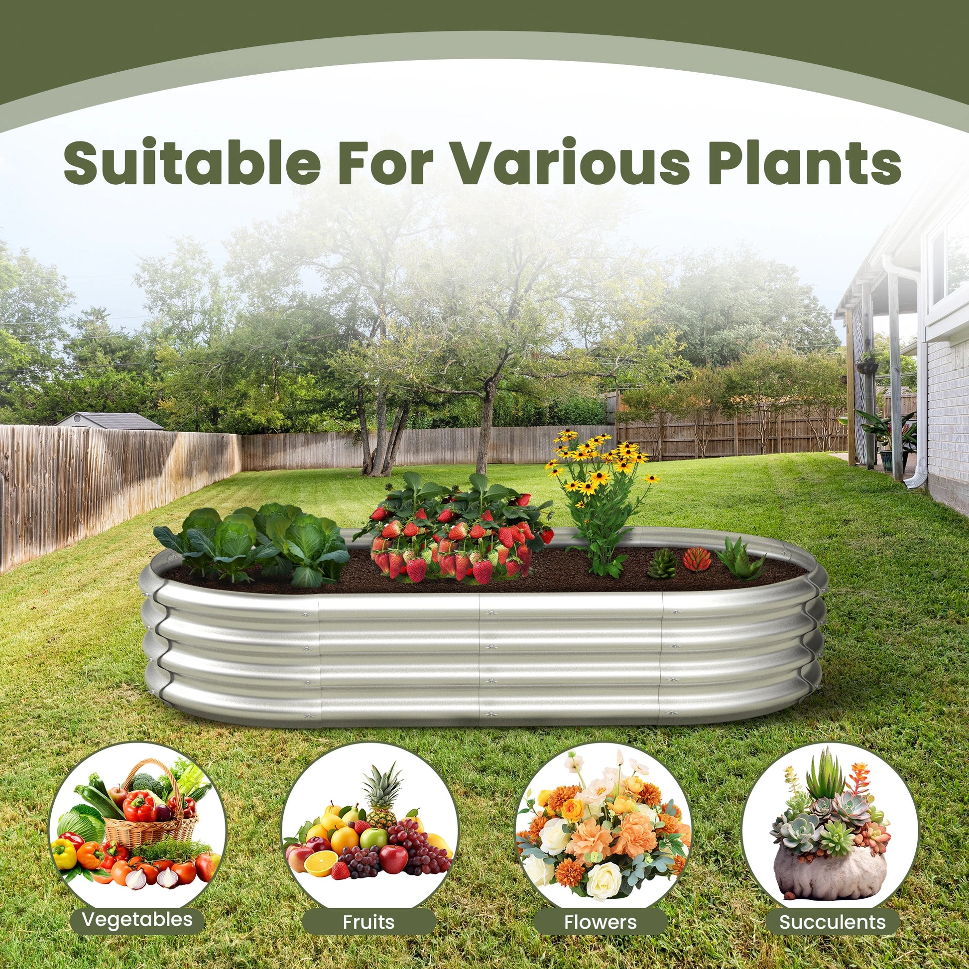 Dwellcozy metal raised garden bed is suitable for various plants, including vegetables, fruits, flowers, and succulents.