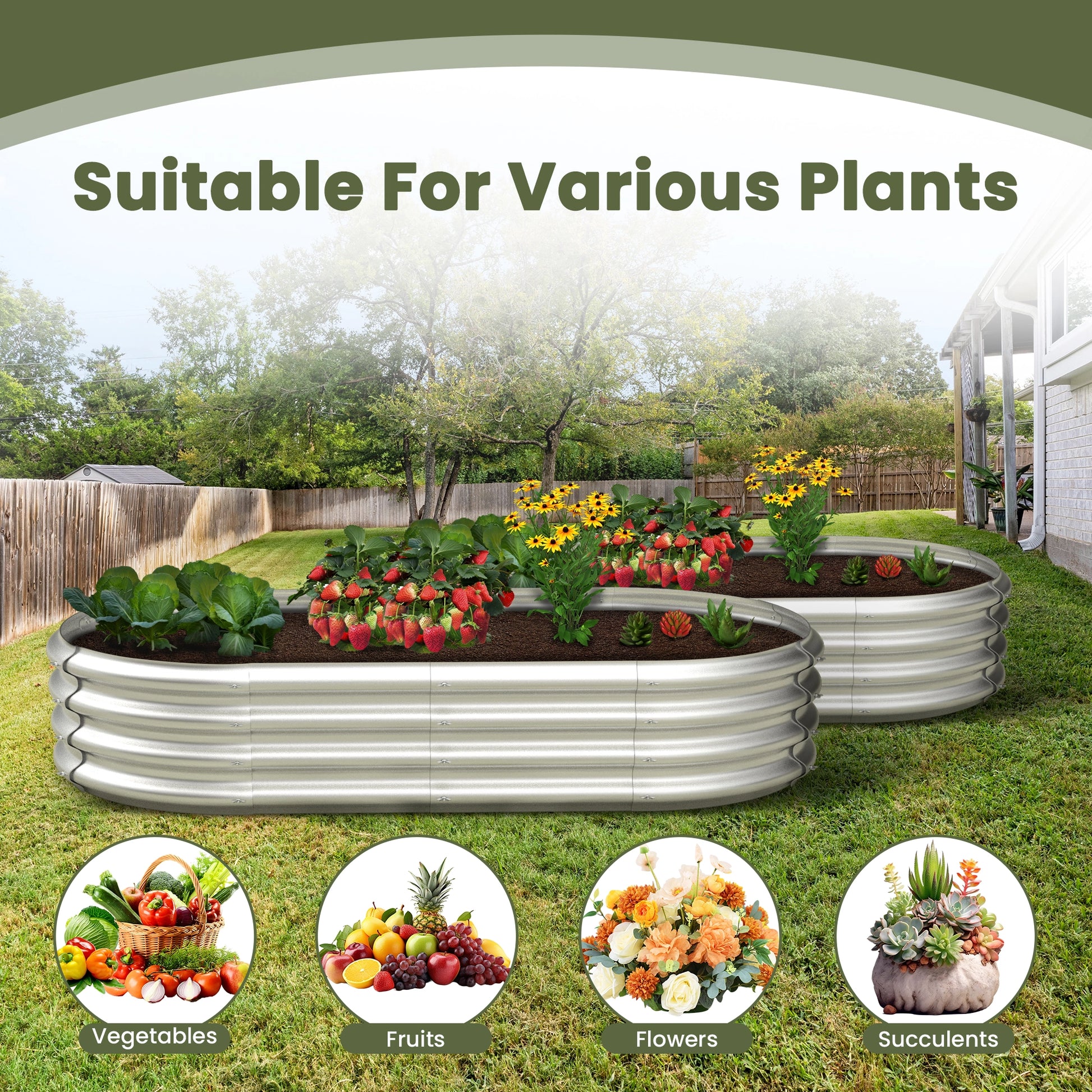 Dwellcozy 2 metal raised garden beds with plants in a backyard, suitable for various plants including vegetables, fruits, flowers, and succulents.