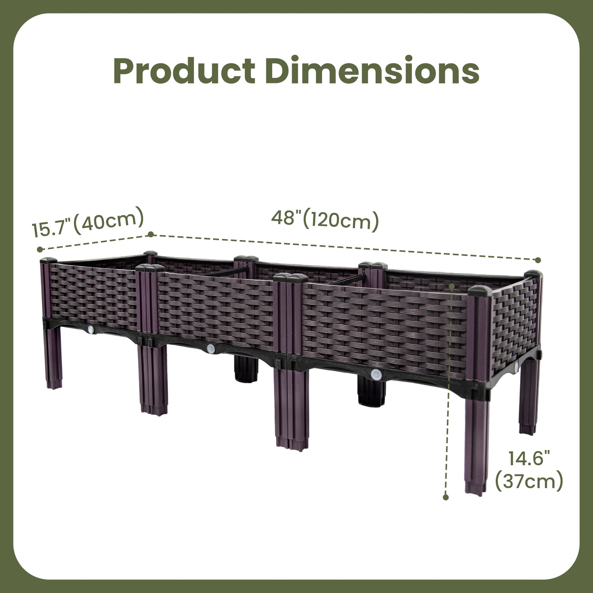 Dwellcozy plastic raised garden bed dimensions of 48" L × 14.6" H × 15.7" W