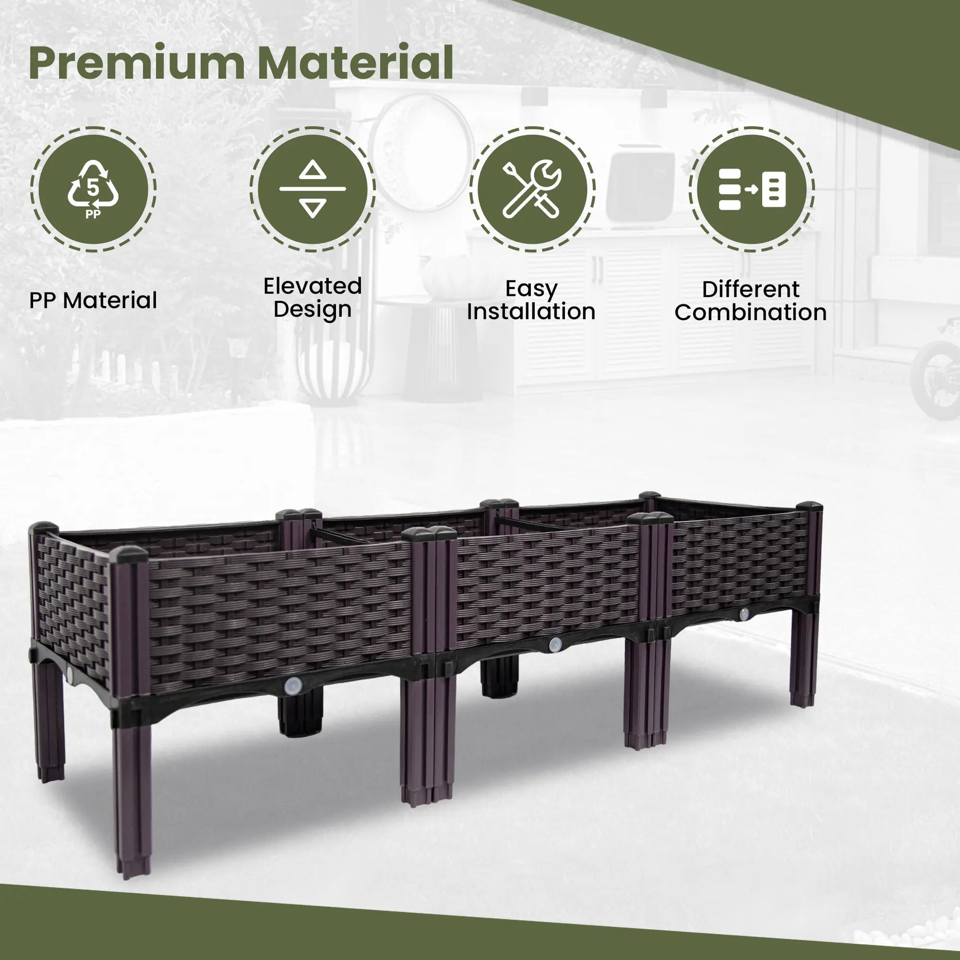 Dwellcozy plastic garden bed with PP material, elevated design, easy installation, and different combination features.