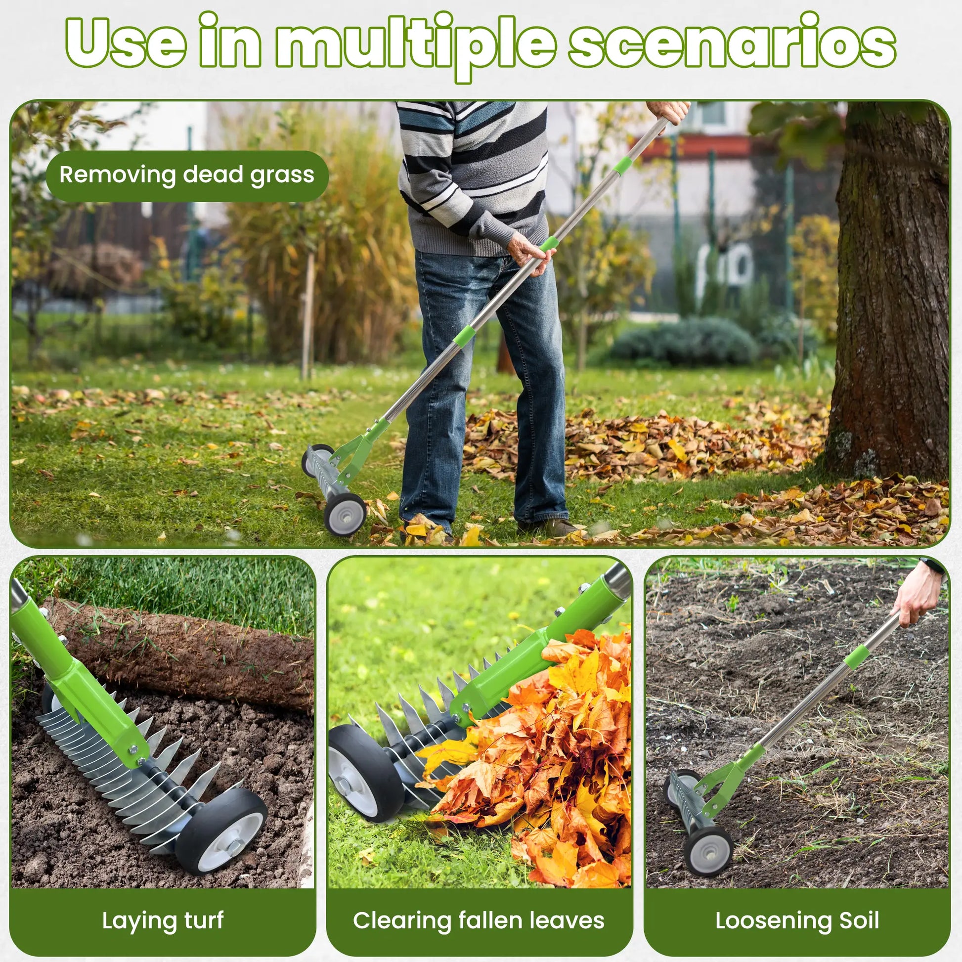 Dwellcozy rolling thatch rake for lawns is being used for various tasks, including removing dead grass, laying turf, clearing fallen leaves, and loosening soil.