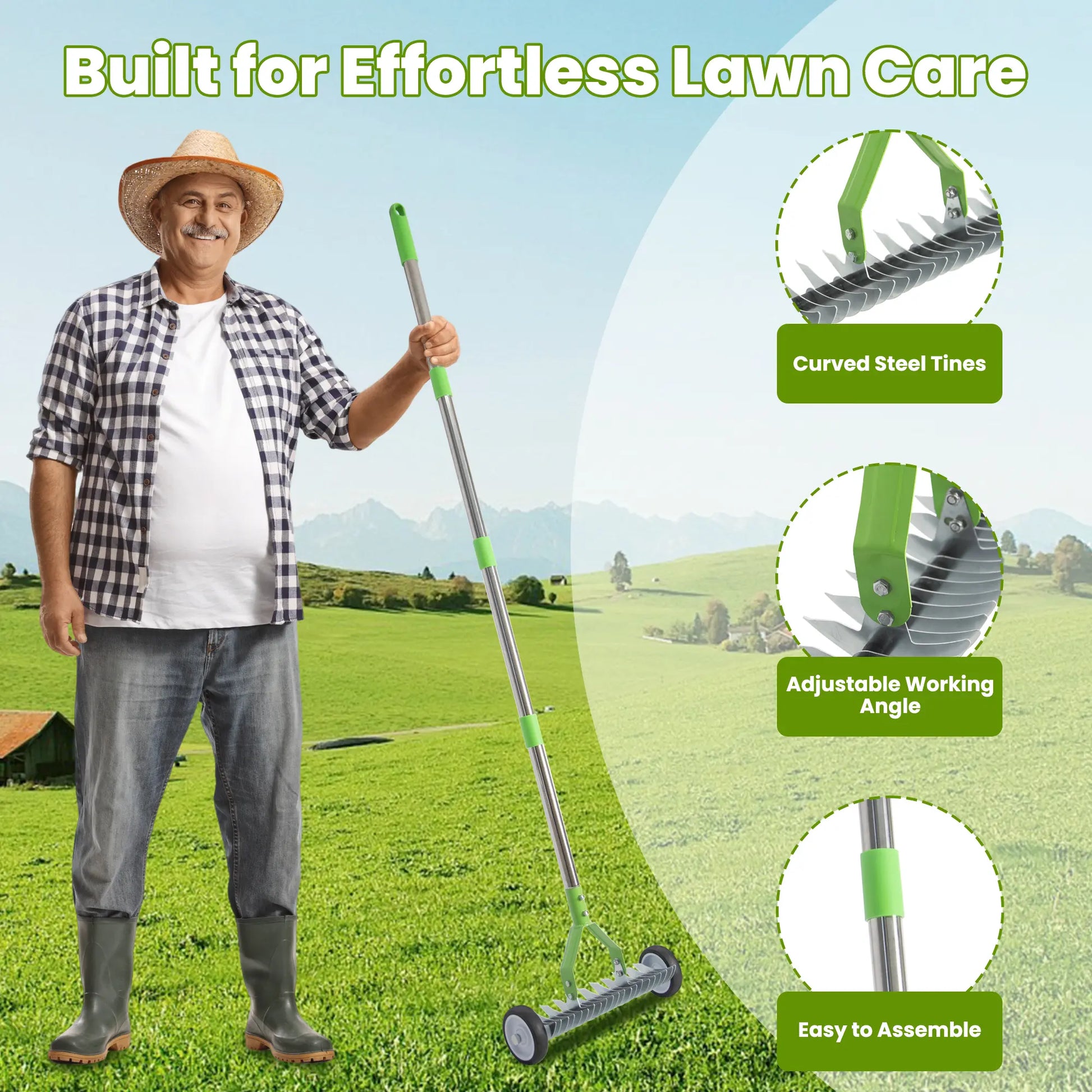 Dwellcozy rolling thatch rake for Lawns has been built for effortless lawn care: curved steel tines, adjustable working angle, and easy assembly.