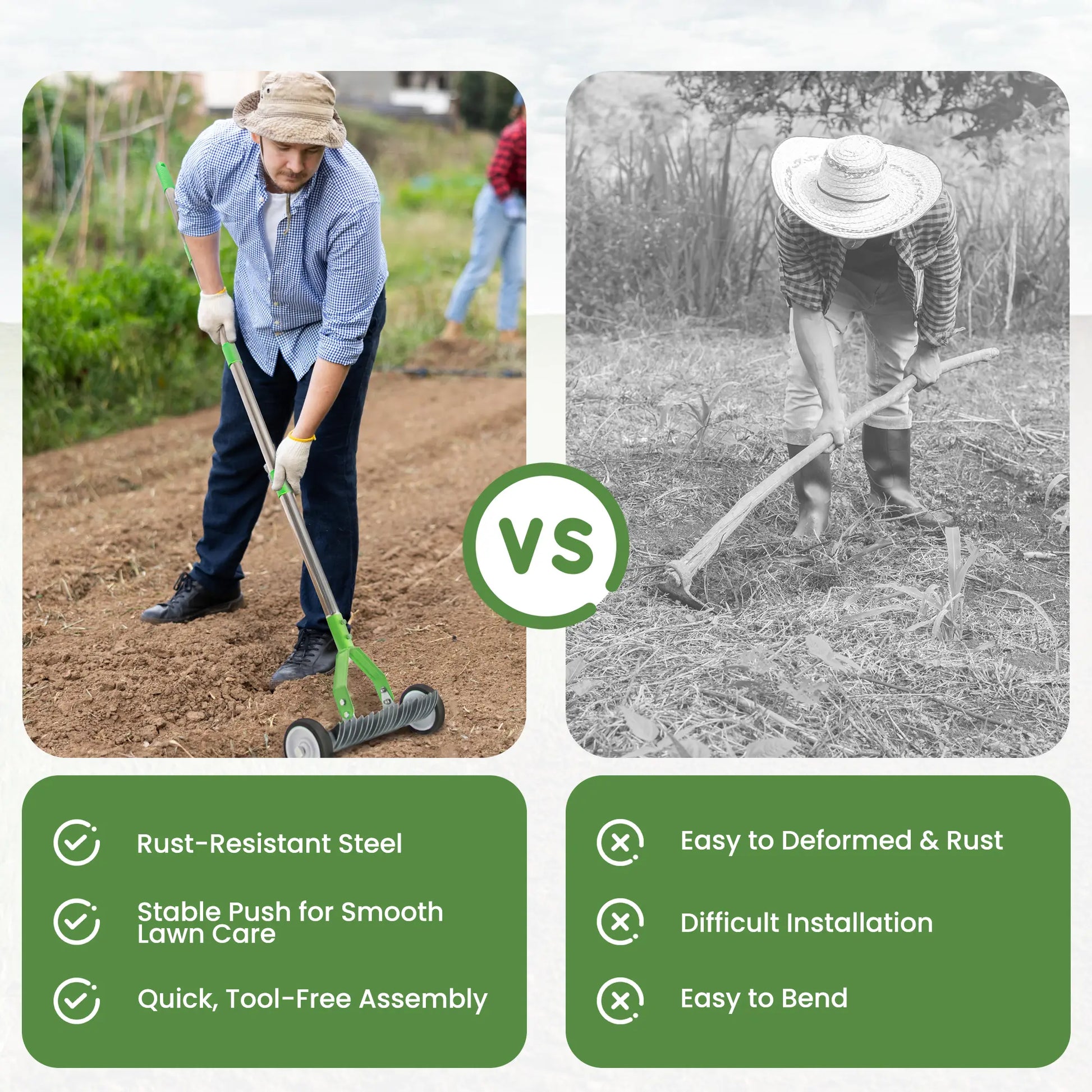 Dwellcozy rolling thatch rake for Lawns has rust-resistant steel, a stable push for smooth lawn care, quick & tool-free assembly.