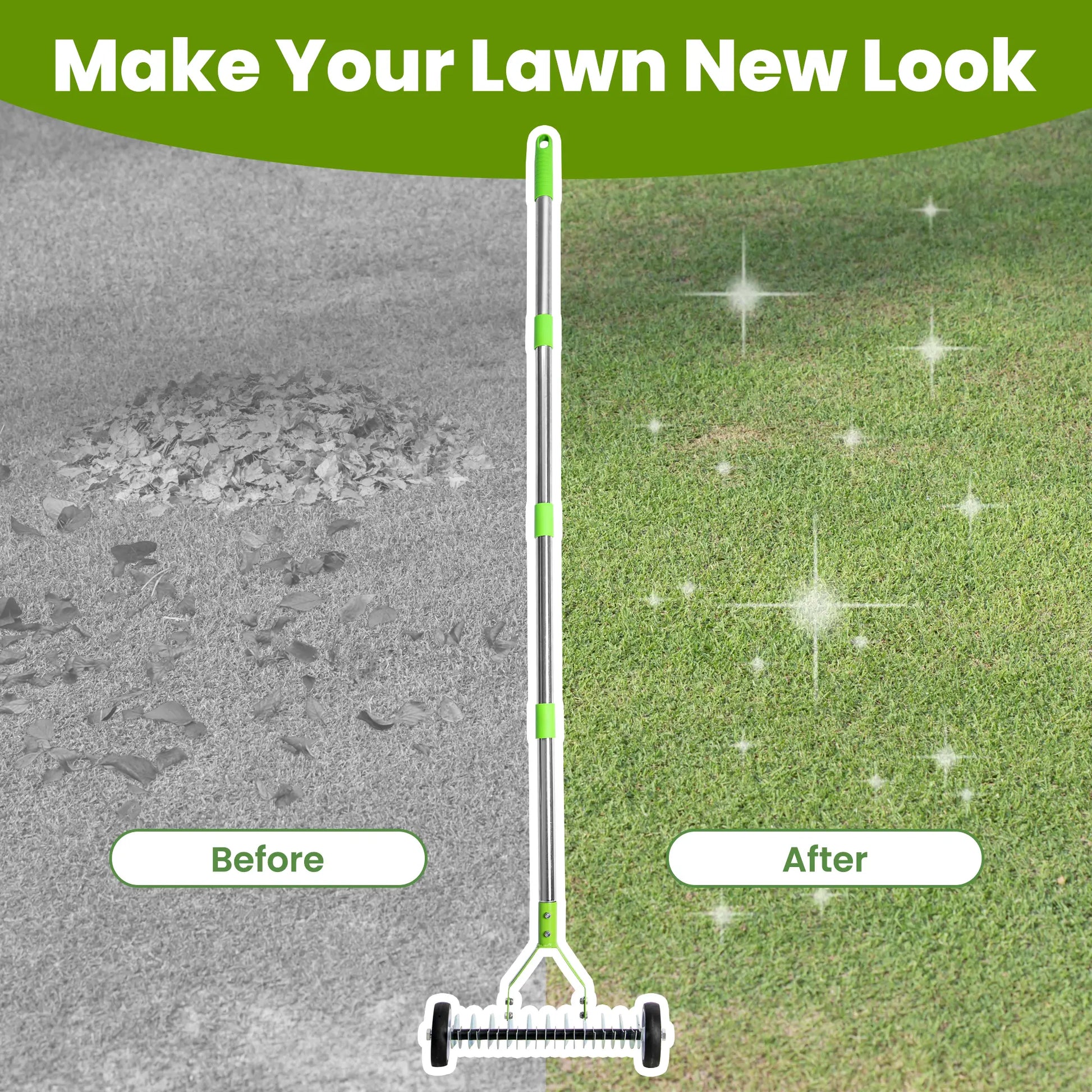 Dwellcozy rolling thatch rake for lawns, making the ground neat and tidy.