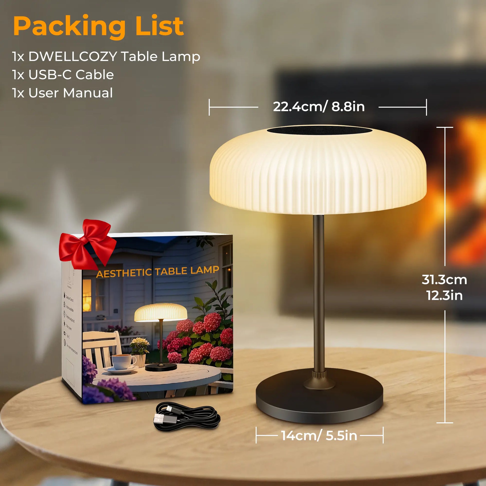Dwellcozy table lamp with packaging, USB-C cable, and user manual.