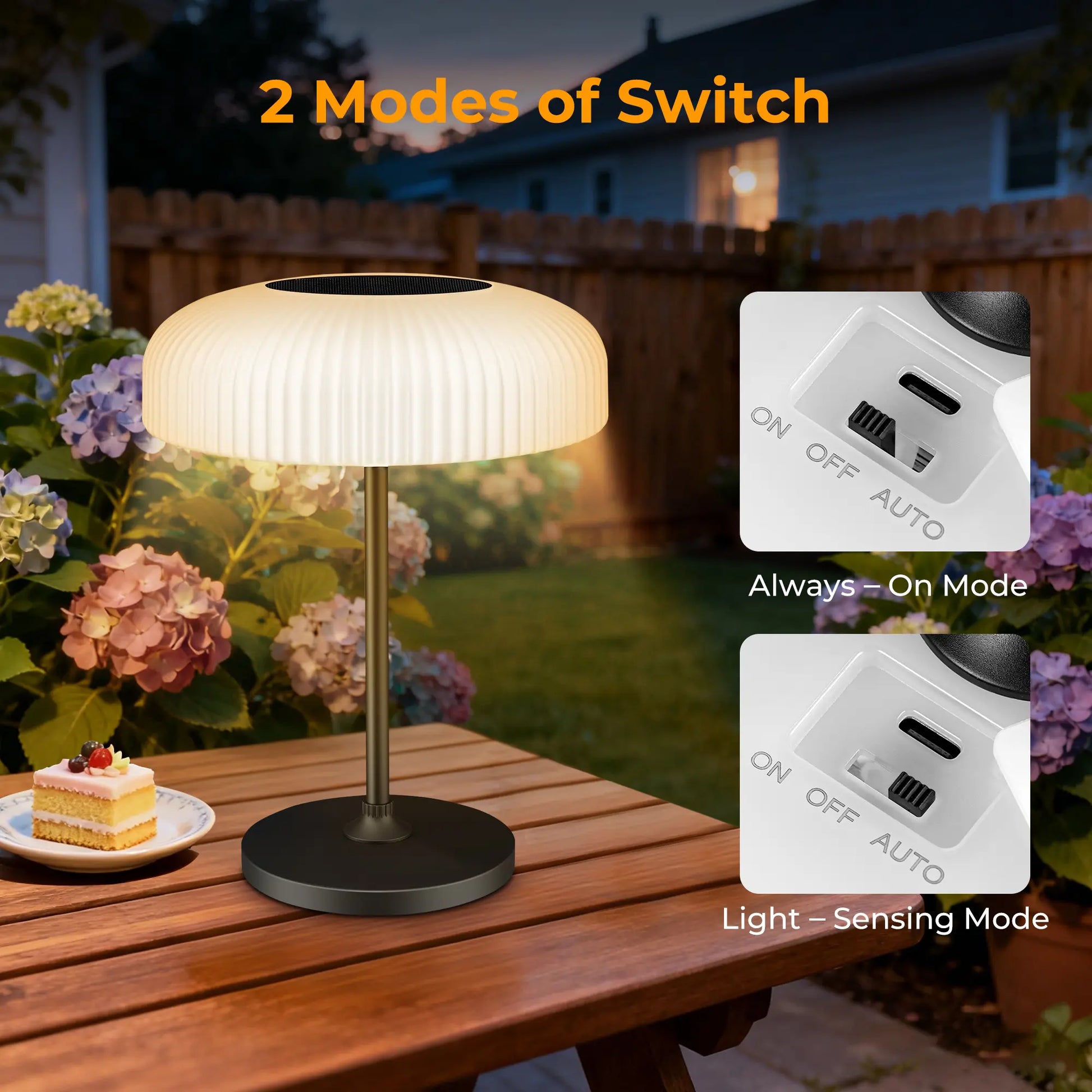 Dwellcozy outdoor table lamp with two modes of switch on a wooden table.