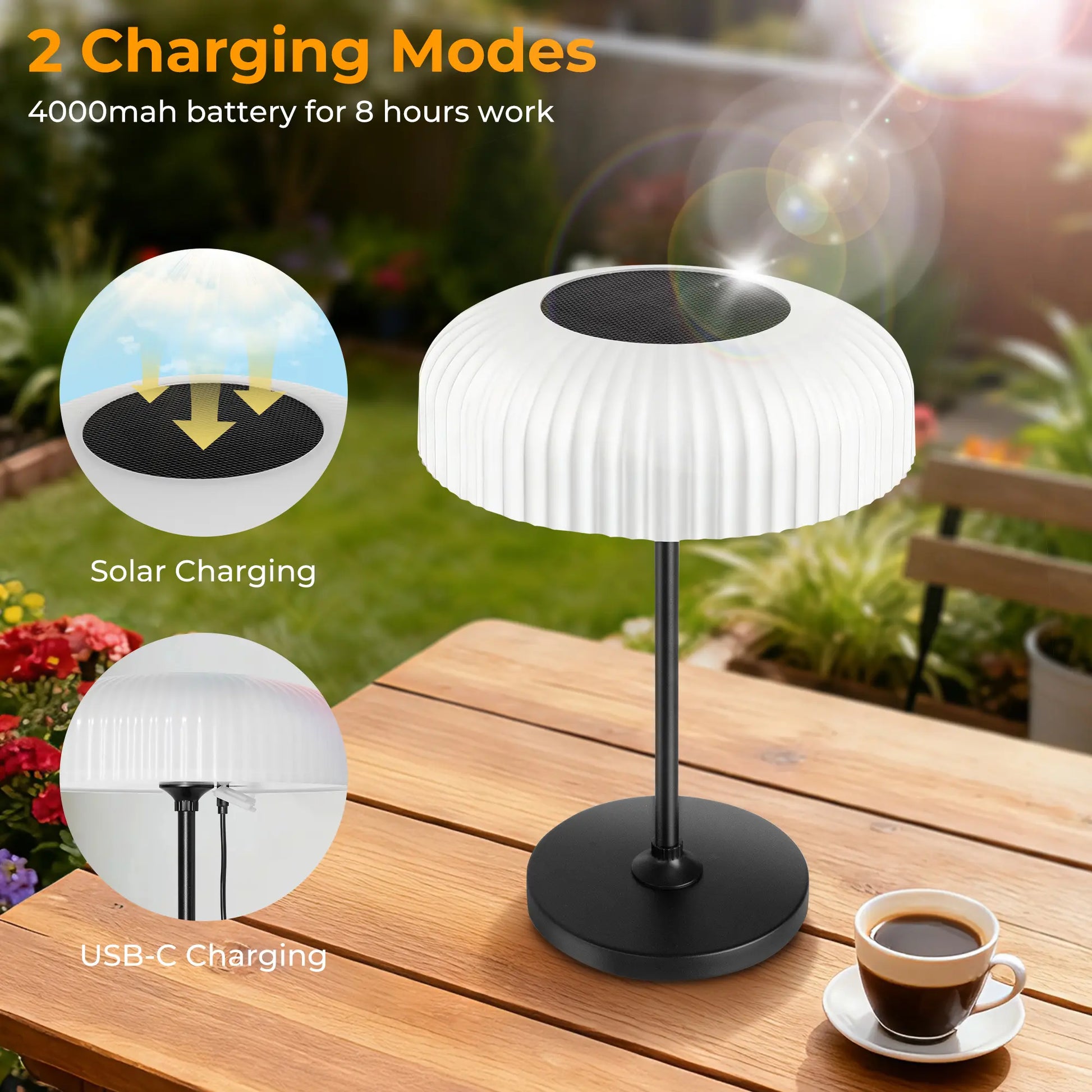 Dwellcozy solar-powered table lamp with 2 charging modes, 4000mAh battery for 8 hours of work.