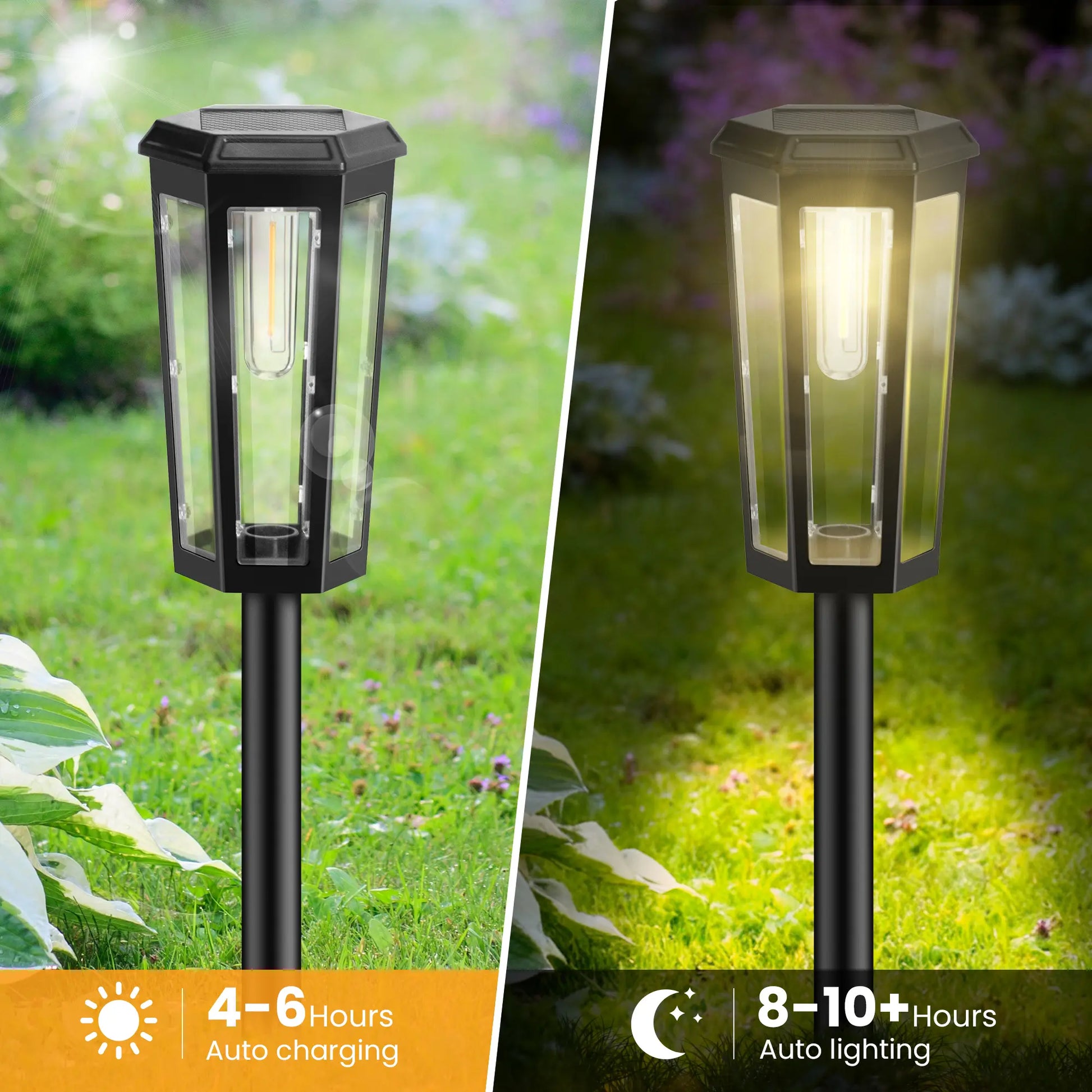 Dwellcozy solar garden light with 4-6 hours auto charging and 8-10+ hours auto lighting time.