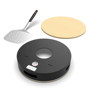 Dwellcozy portable pizza oven parts and a silver spatula.
