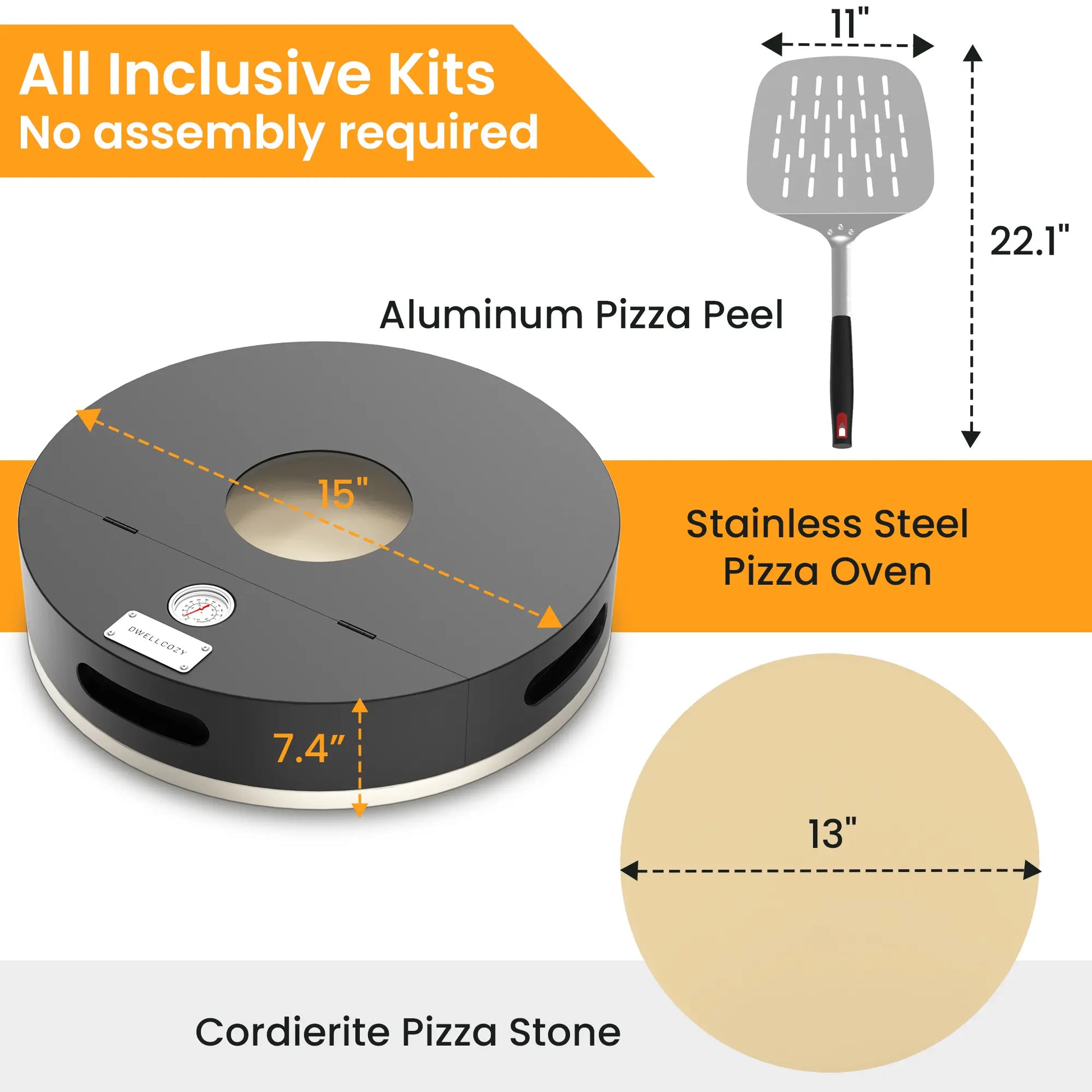 Dwellcozy portable outdoor pizza oven with pizza peel, oven, and stone.