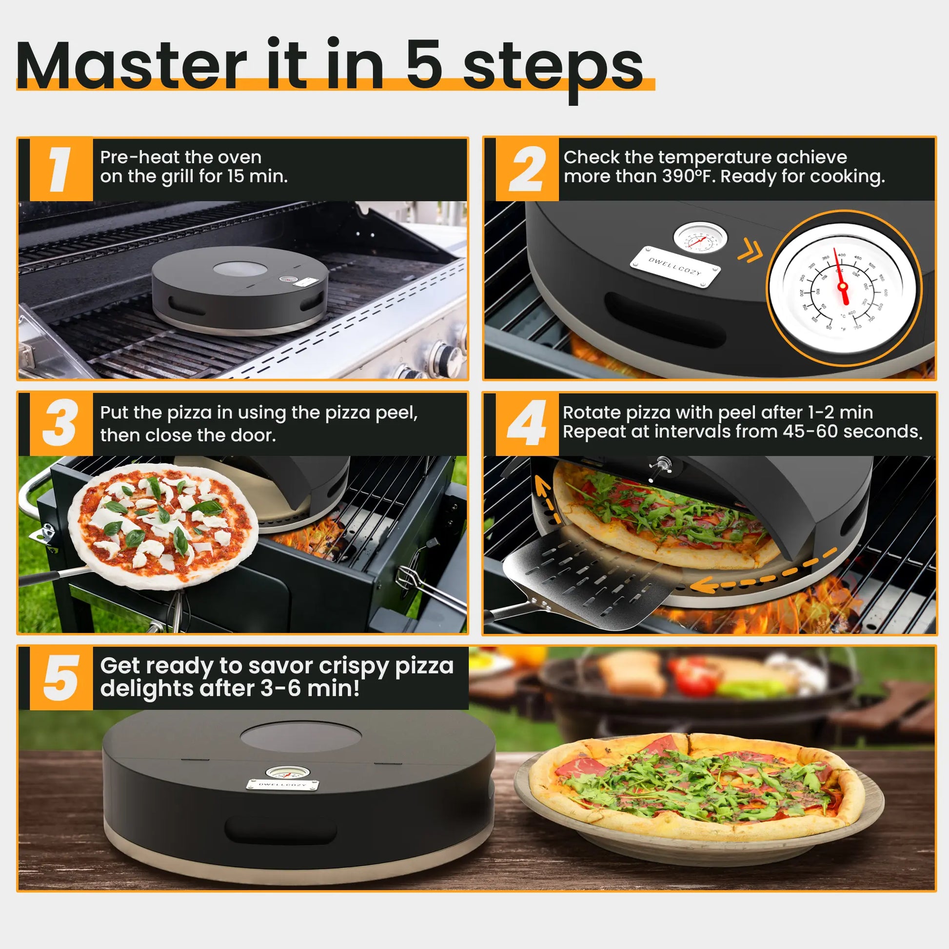 Dwellcozy portable outdoor pizza oven step-by-step guide on how to cook a pizza.