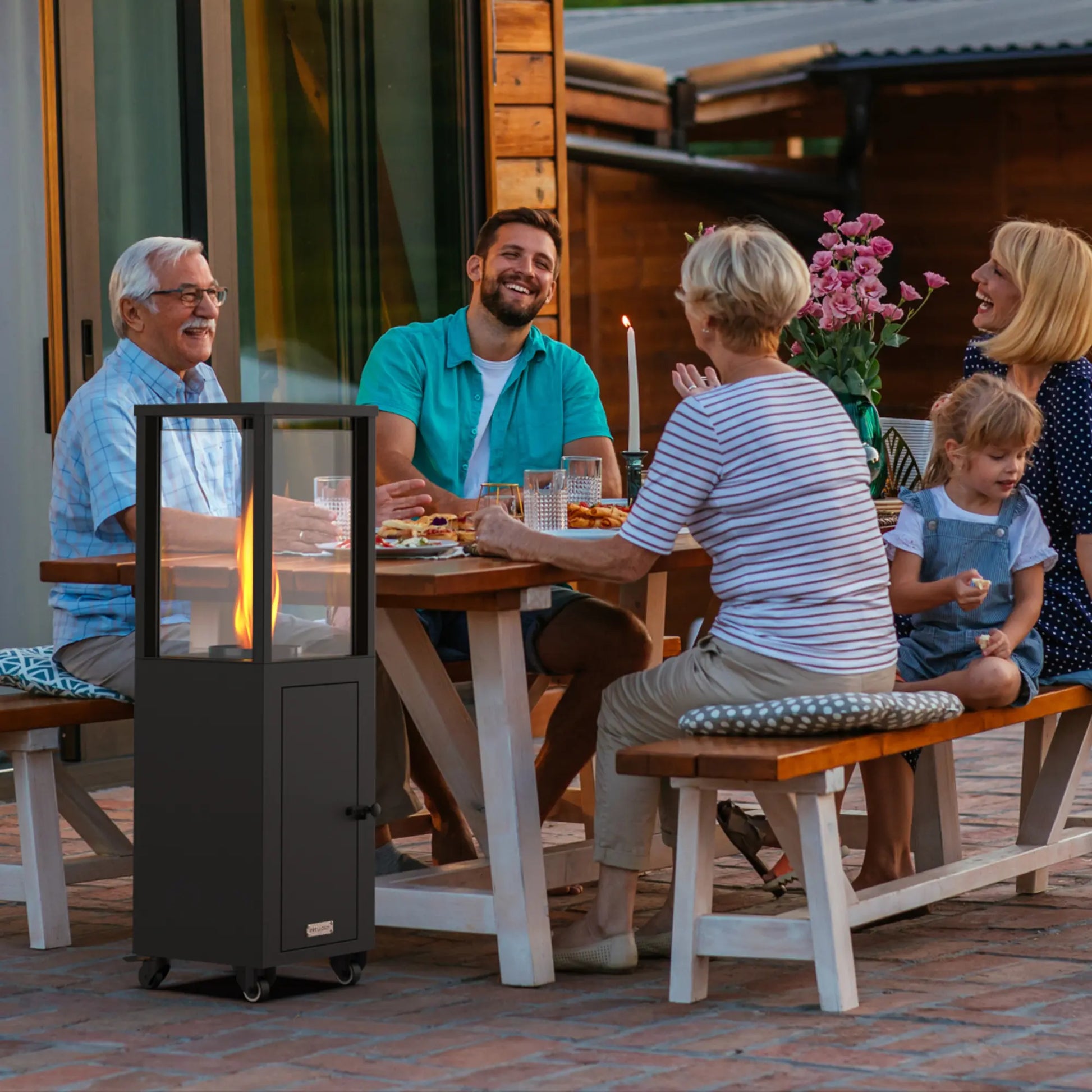 Dwellcozy wood pellet patio heater warms the time with family.