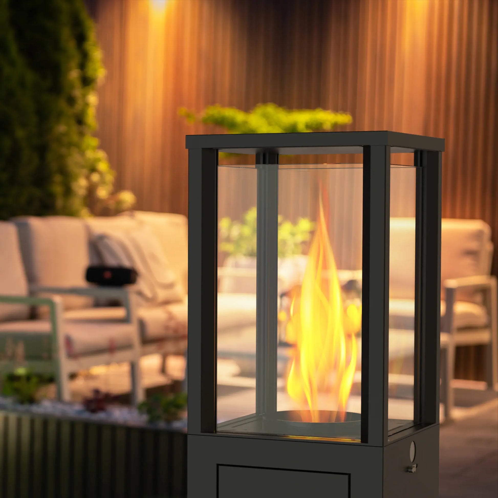 Dwellcozy wood pellet patio heater mesmerizing view of the flames creates a cozy atmosphere, perfect for parties, dinners, or quiet nights under the stars.